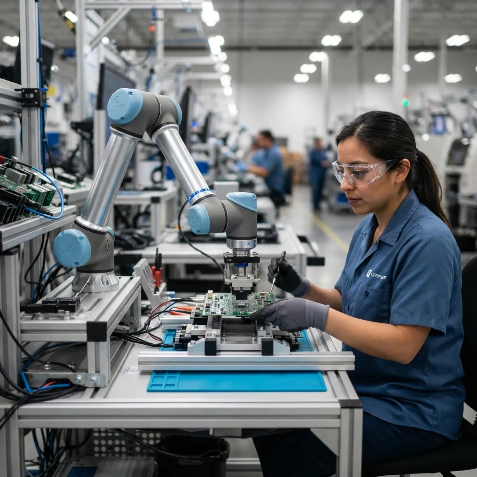 Cobot assembling components beside a human technician