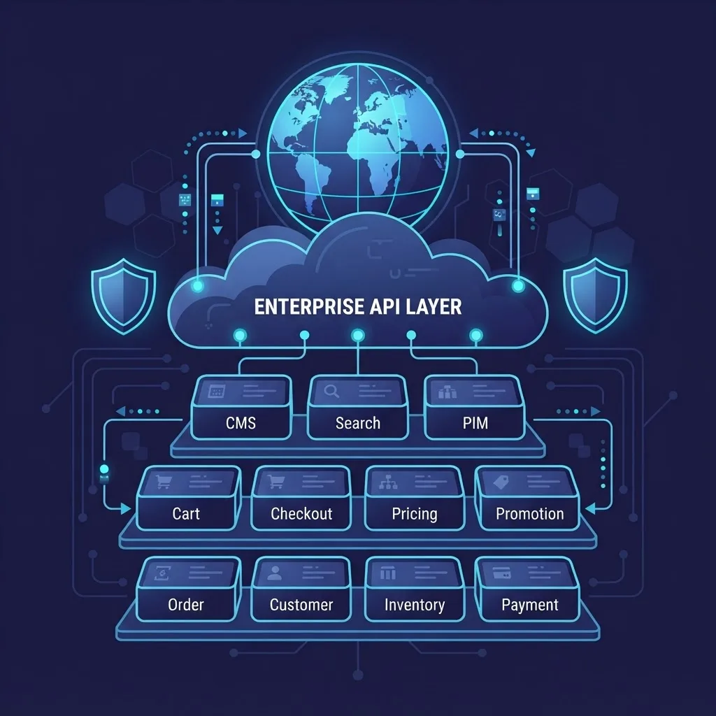 Enterprise composable commerce API stack with microservices and multi region delivery