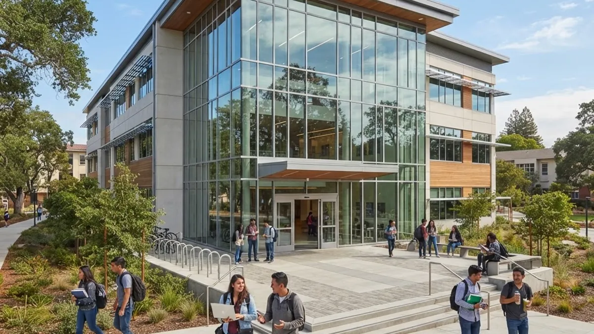 Modern community college campus entrance with students