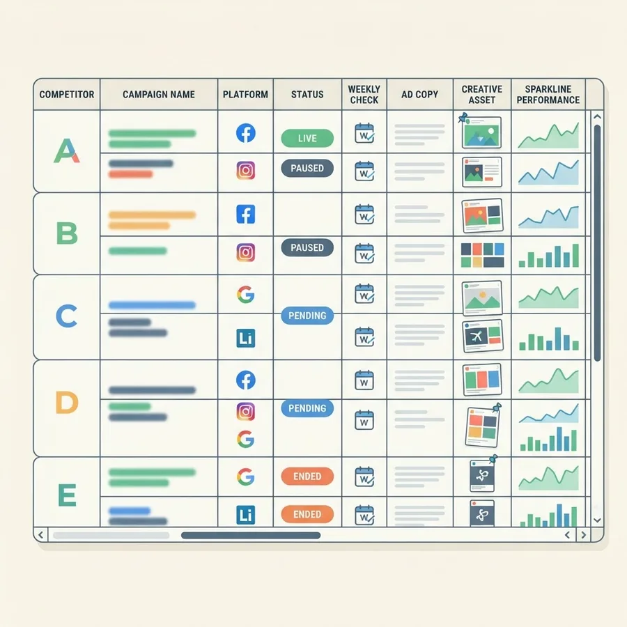 Competitor ad tracking spreadsheet with status tags and weekly check calendar