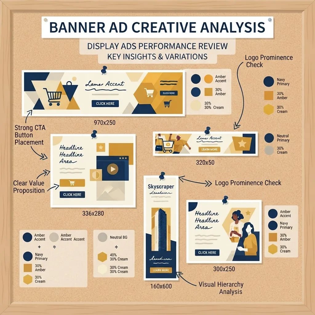 Competitor banner ad creative analysis board with annotated display sizes