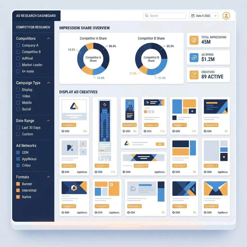Competitor Google display ads research dashboard with banner creatives and charts