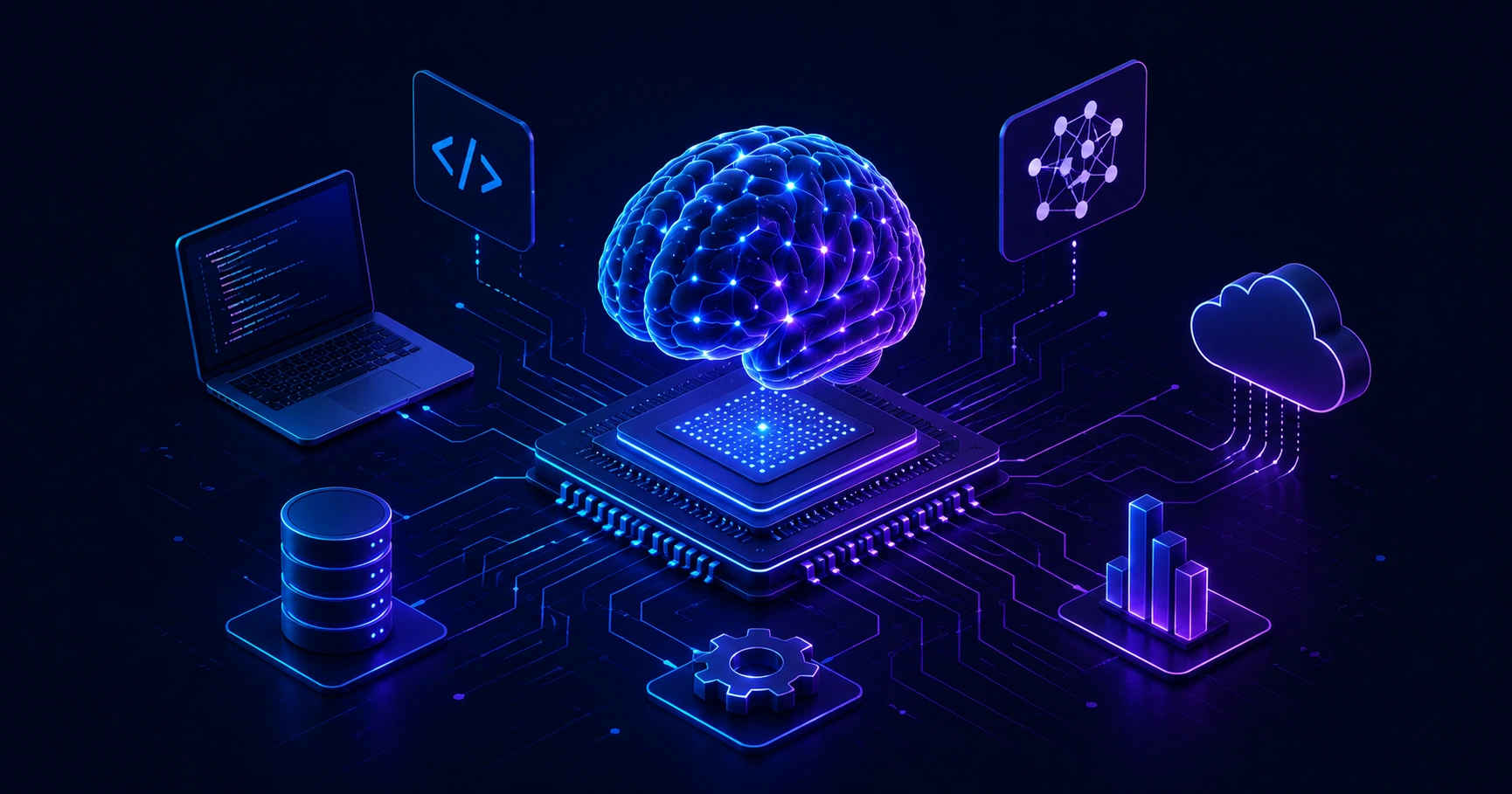 CompSci AI cover showing a digital brain connected to code and binary streams