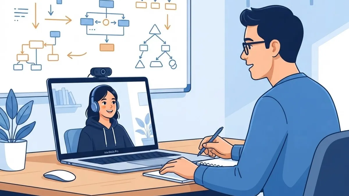 Video call technical interview with algorithm diagrams on a whiteboard
