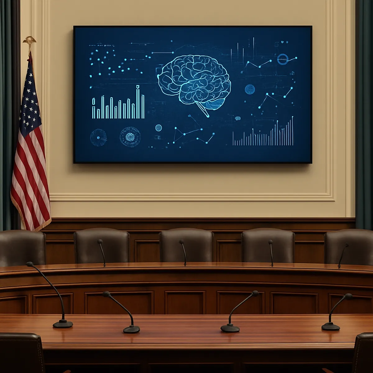 Congressional hearing room with microphones and a data visualization screen