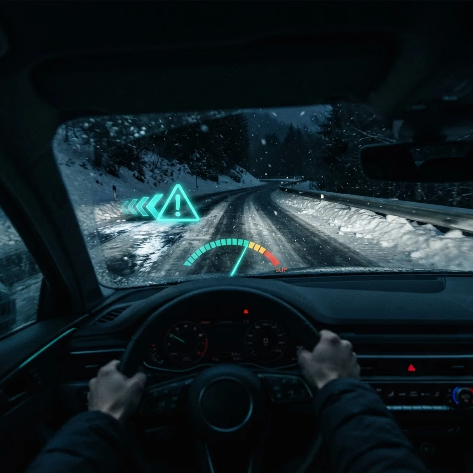 Driver view with head-up display showing connected vehicle road condition alerts