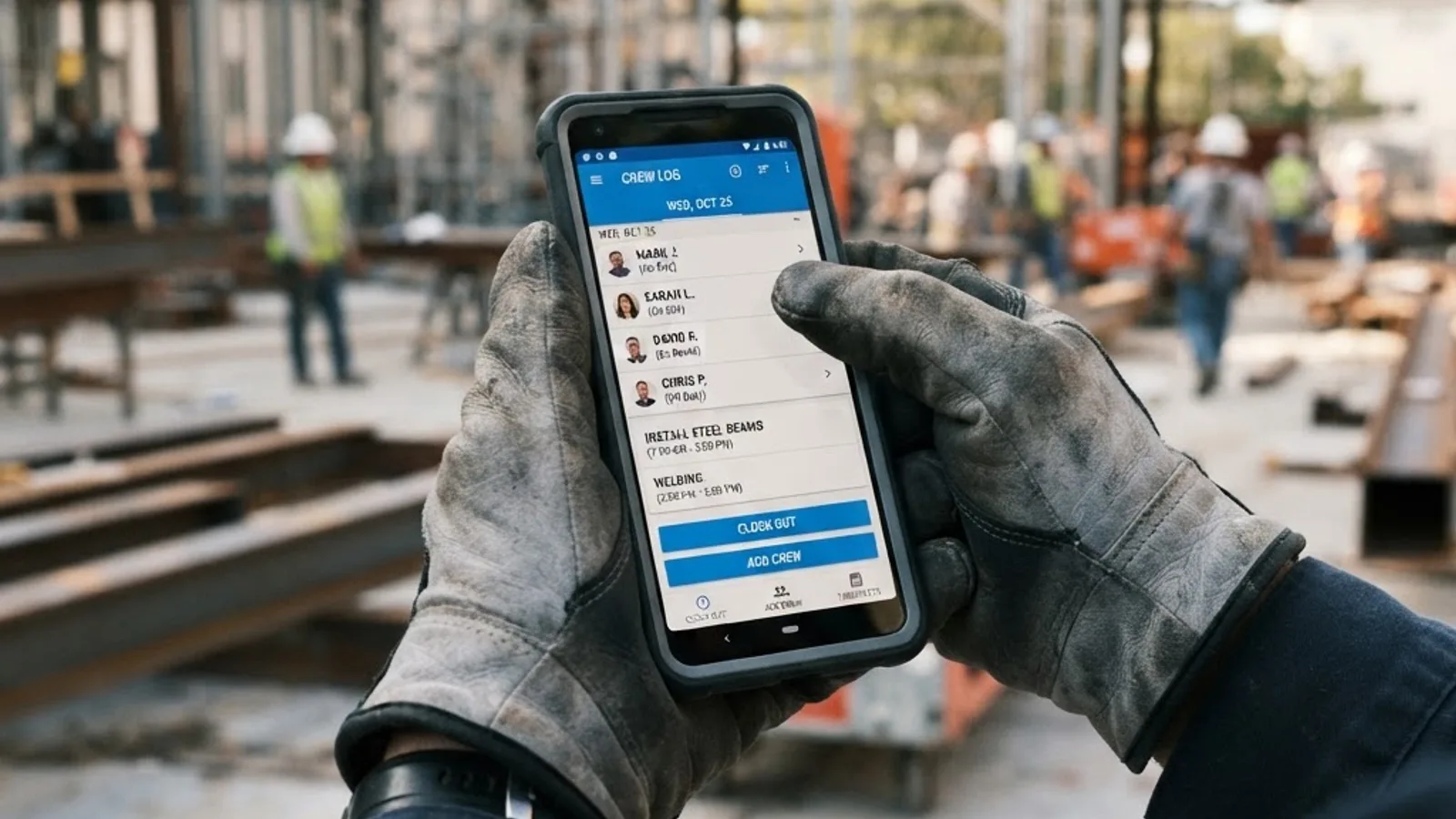 Foreman using a crew scheduling mobile app on a jobsite