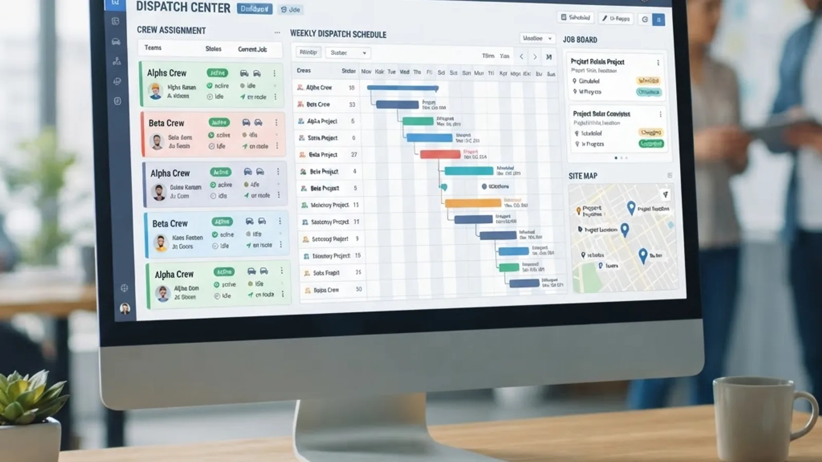 Construction dispatch software dashboard showing crew assignments and job timeline