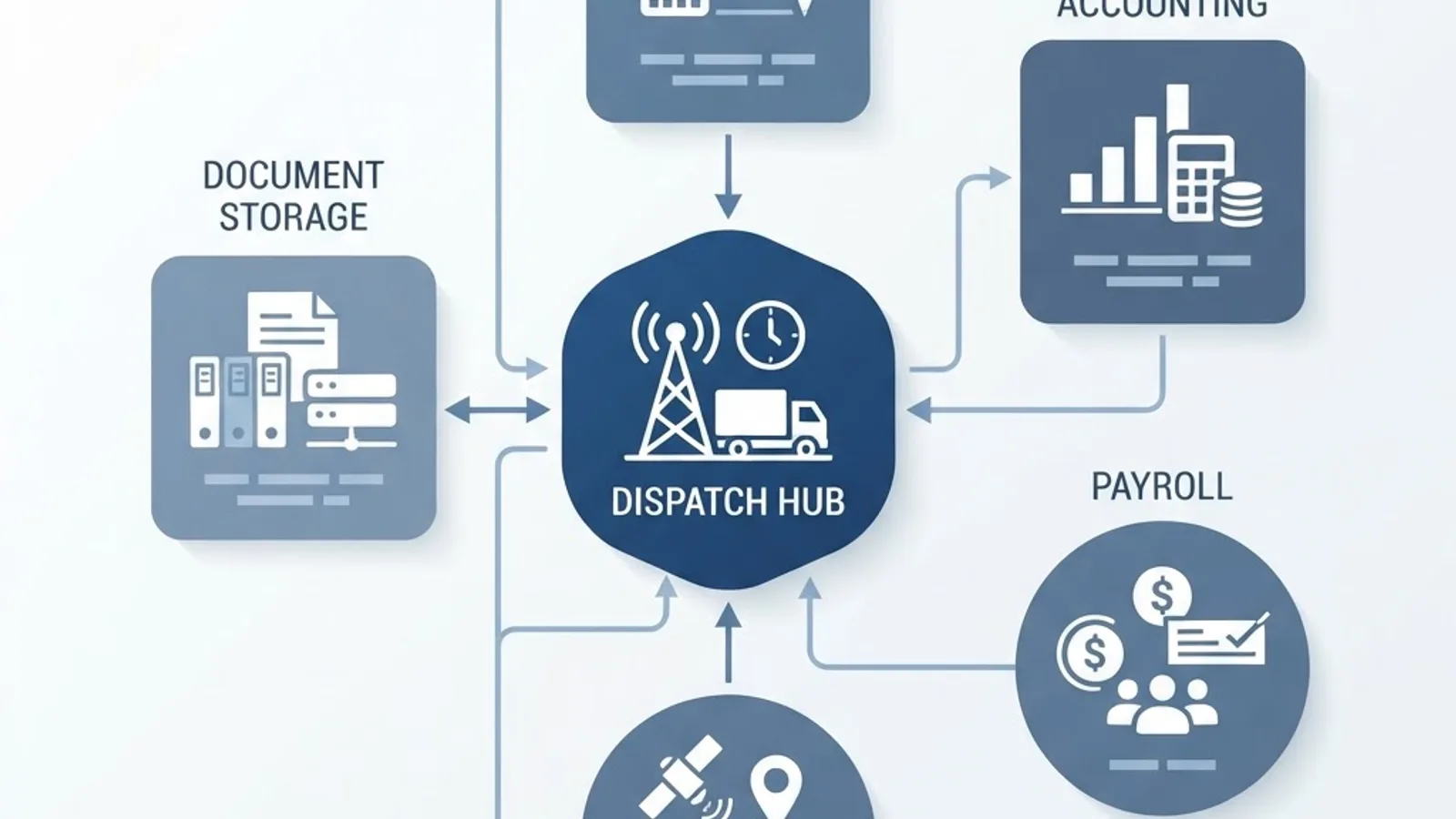 Diagram of construction dispatch software integrating with accounting, payroll, GPS and estimating