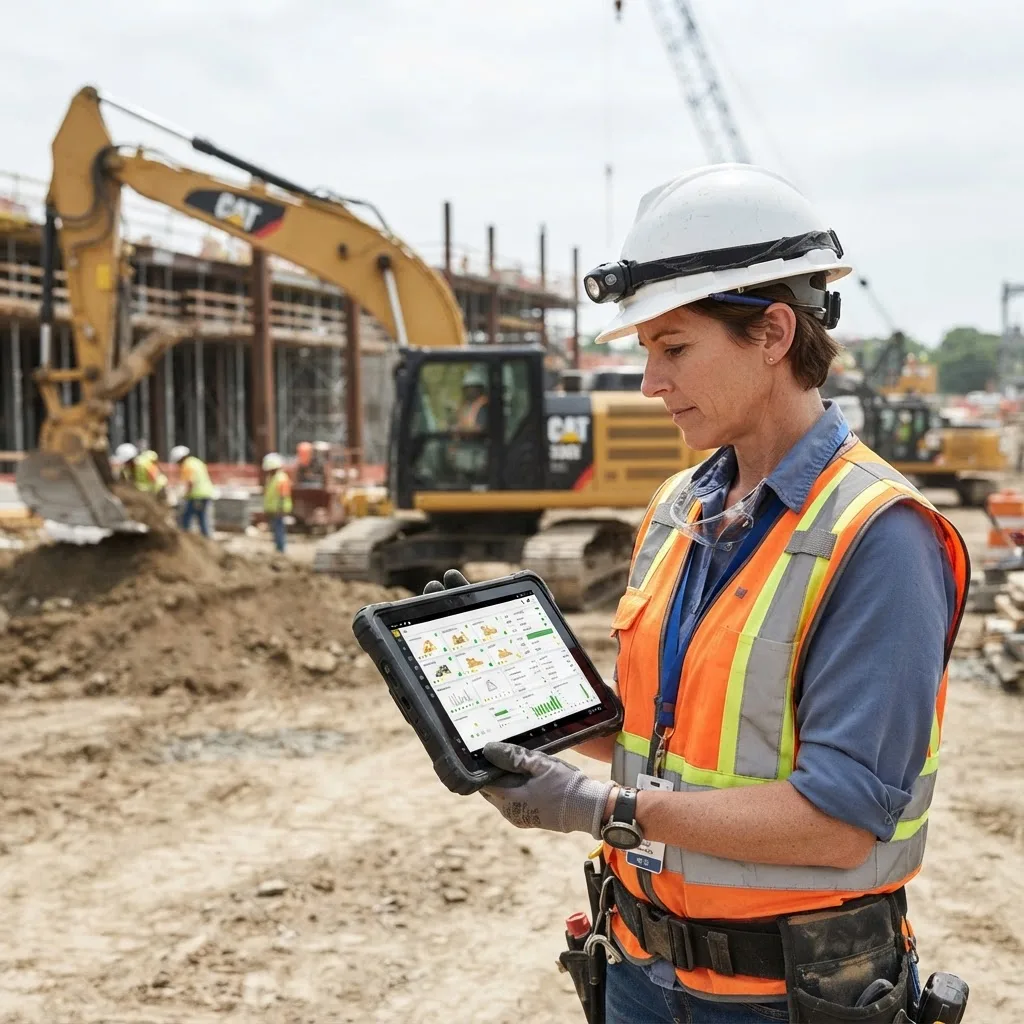 Construction site manager reviewing equipment fleet management software on a rugged tablet