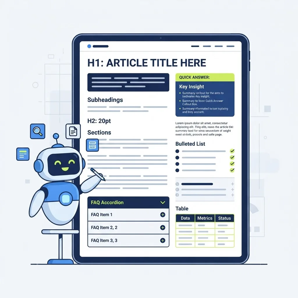 Article blueprint showing headings, quick answer box, list, table and FAQ accordion