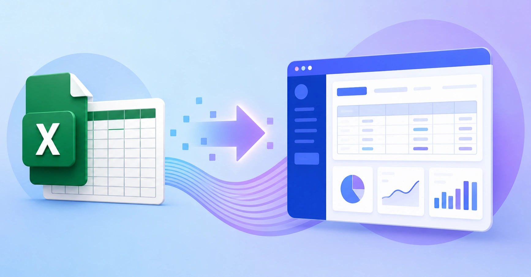 Excel spreadsheet transforming into a modern web application dashboard