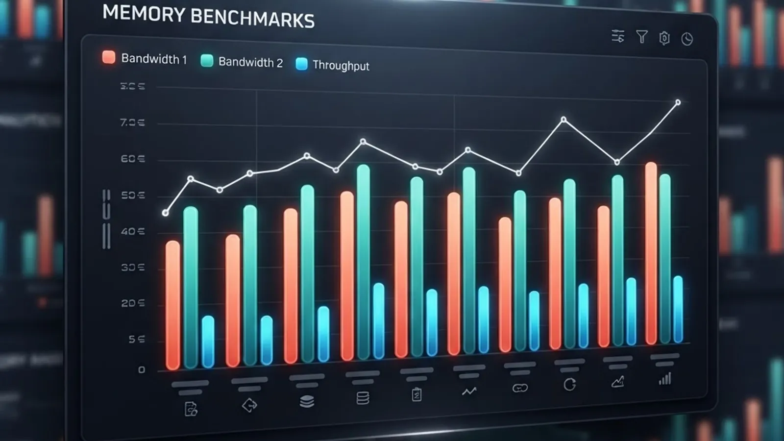 Memory bandwidth and throughput benchmark charts on a dark dashboard