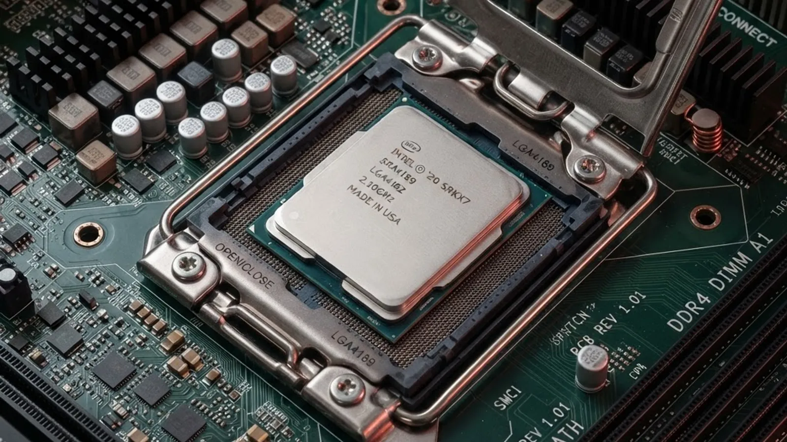 Macro photo of a large LGA server CPU socket on a motherboard