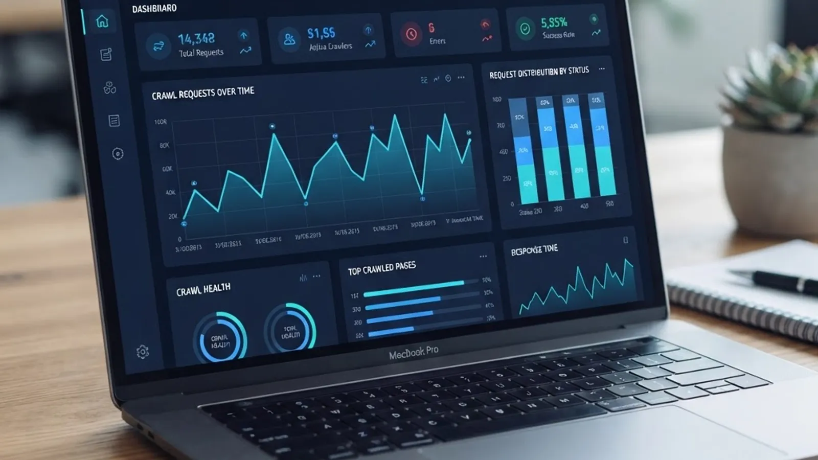 Analytics dashboard showing crawl request trends and stat tiles