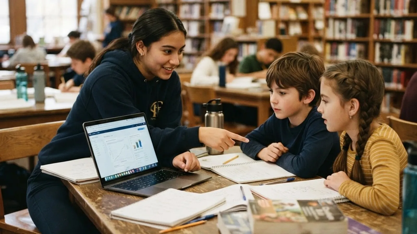 Older ILTexas student tutoring younger students on a laptop to earn honor society service hours