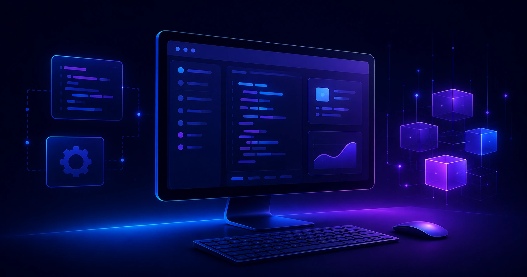 Custom desktop application development illustration showing a business dashboard on a desktop monitor