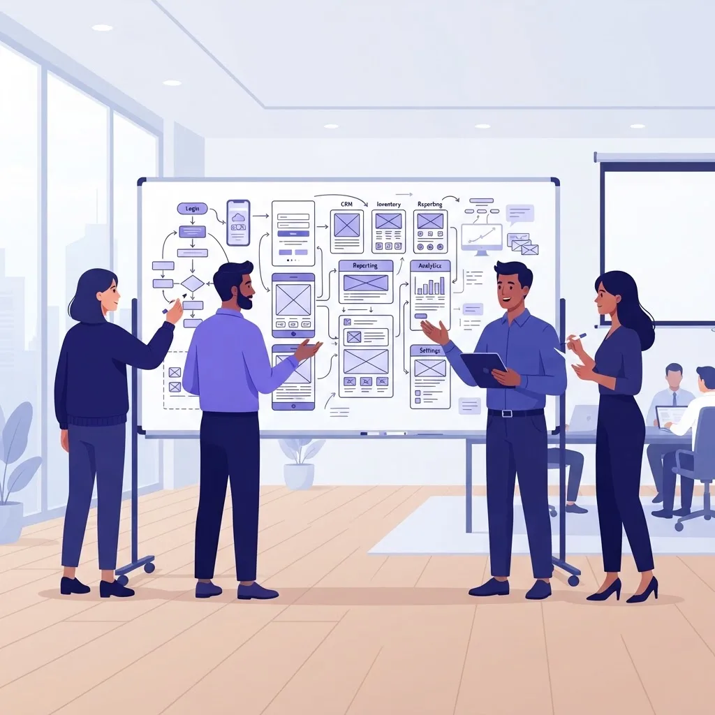 Enterprise team planning a custom business application on a whiteboard