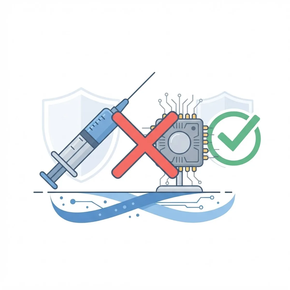 Fact-check illustration debunking the vaccine microchip myth with a false stamp