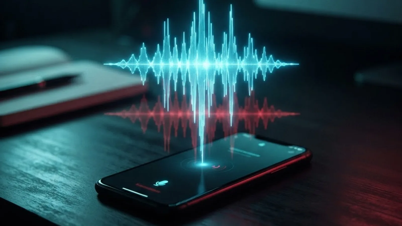 Smartphone emitting a voice waveform with a duplicated red clone waveform beside it