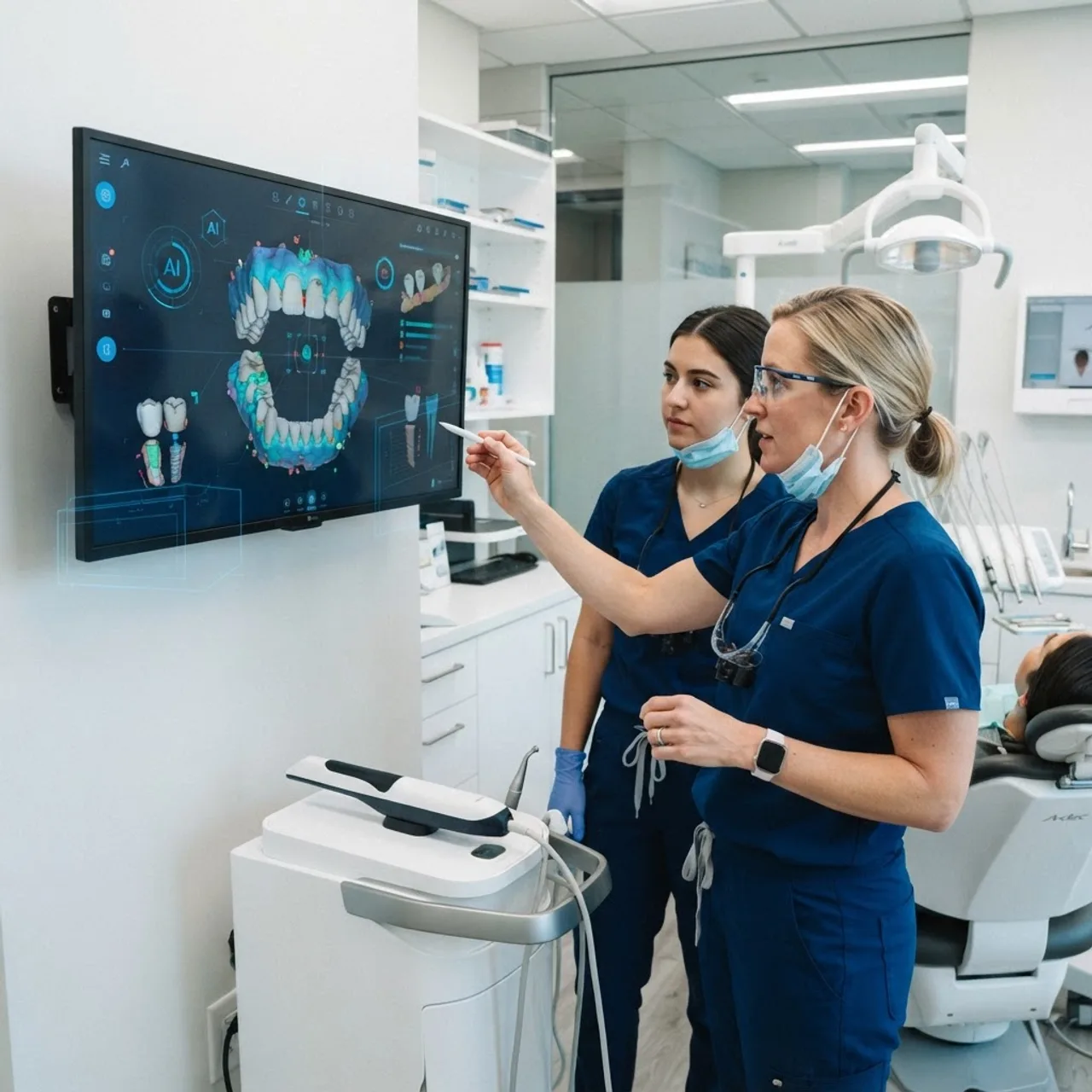 Dental team reviewing an AI-assisted 3D scan on a monitor