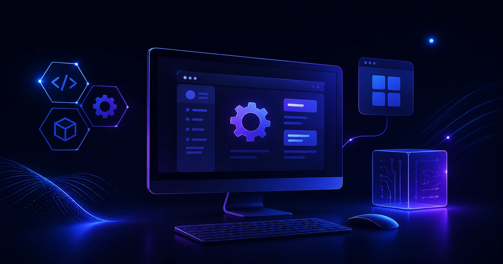 Desktop application development company workspace with dual monitors running business software