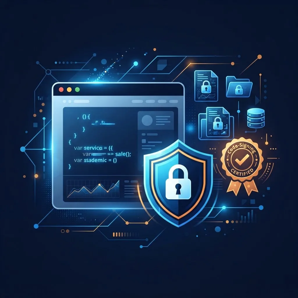 Illustration of desktop application security with shield, padlock, and code signing certificate