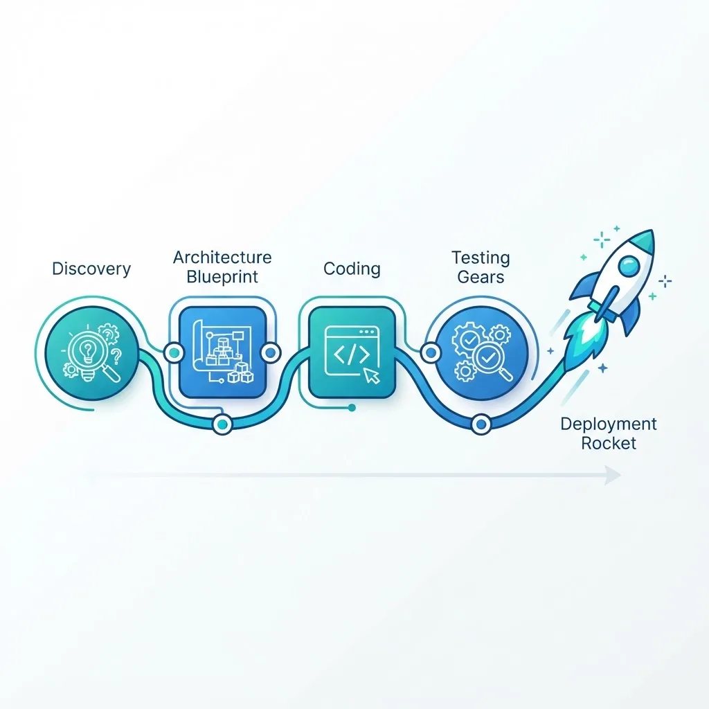 Desktop software development process from discovery through architecture, coding, testing and deployment