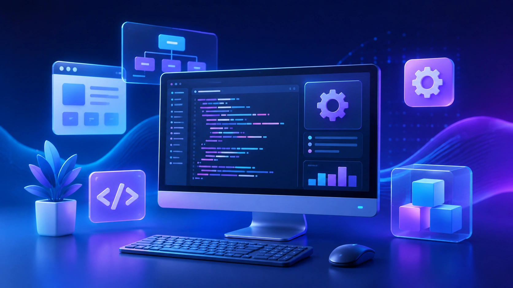 Desktop software development services illustration showing a native application running on a developer workstation