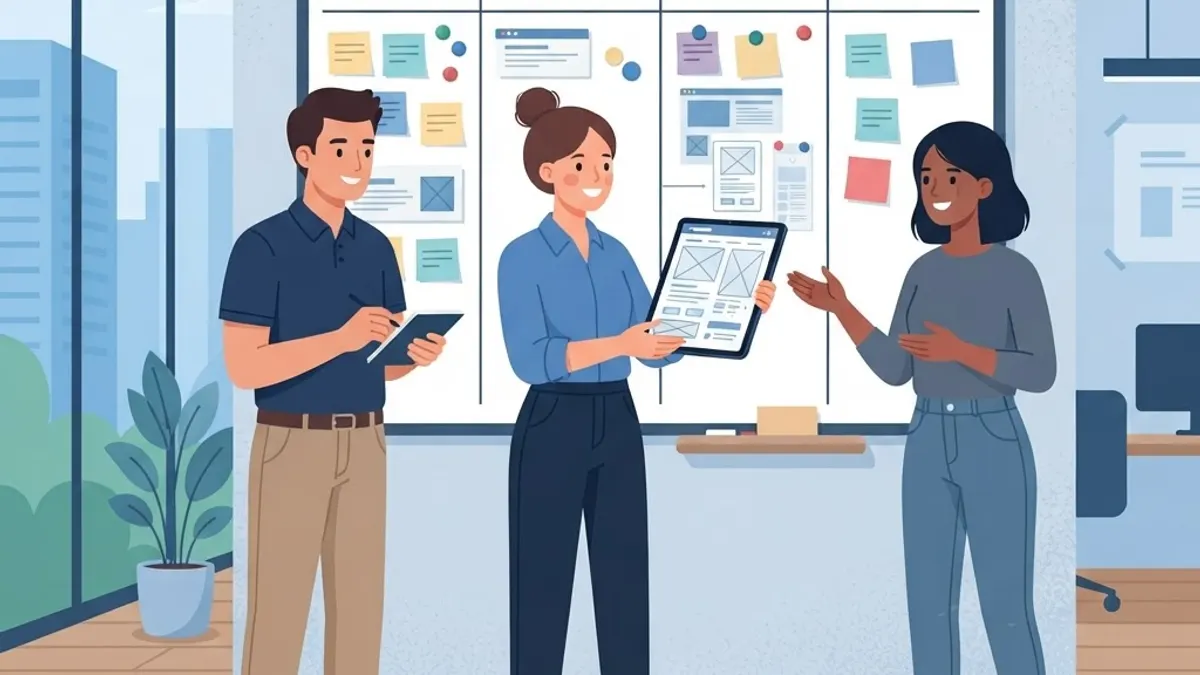 Product team collaborating around a kanban board