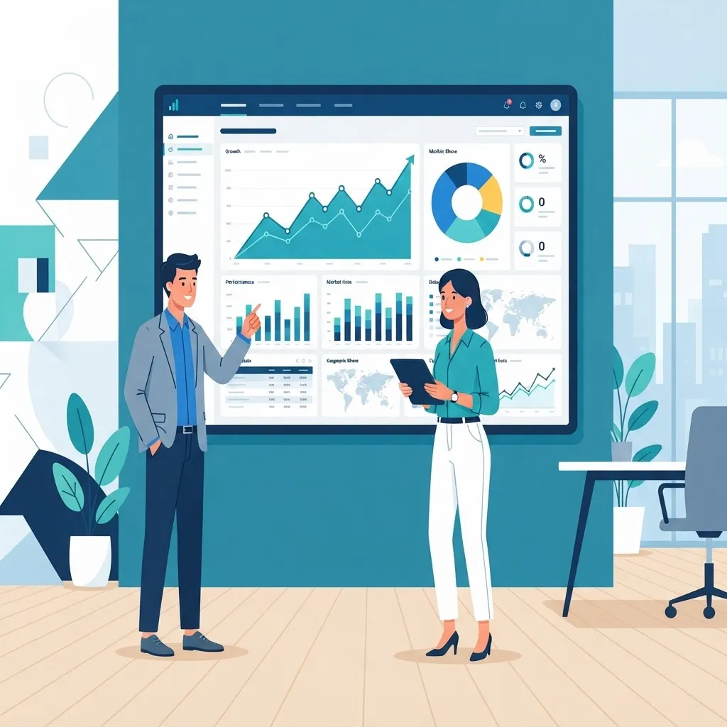 Analytics dashboard with growth charts reviewed by two professionals