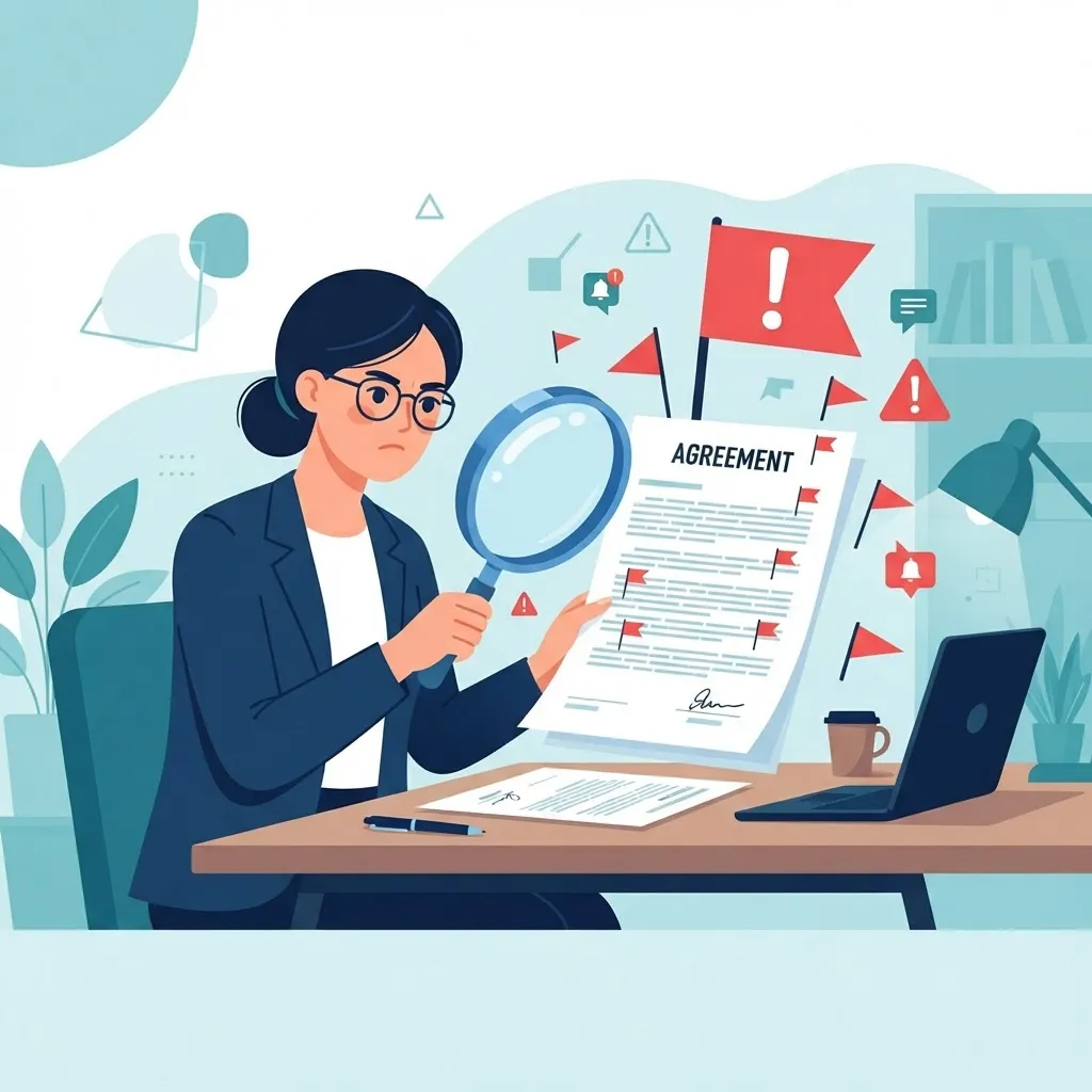 Business person examining a contract with warning flags nearby