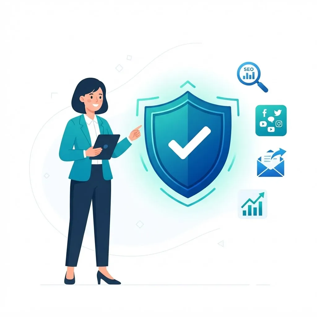 Illustration of a professional verifying a legitimacy badge surrounded by digital marketing icons