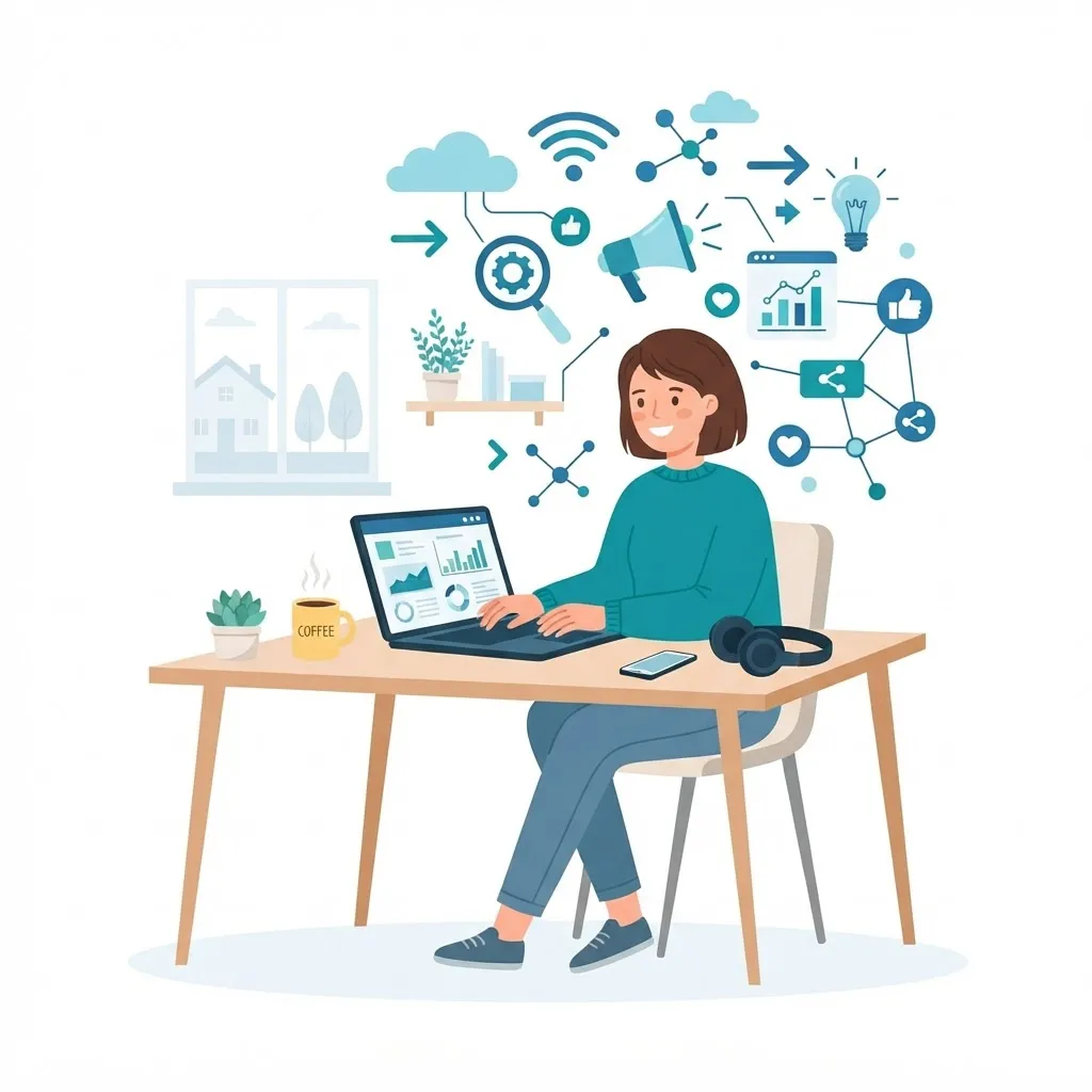 Remote digital marketer working from home with laptop