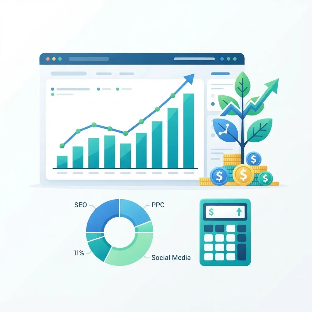 Dashboard illustration showing rising ROI charts and growing investment returns