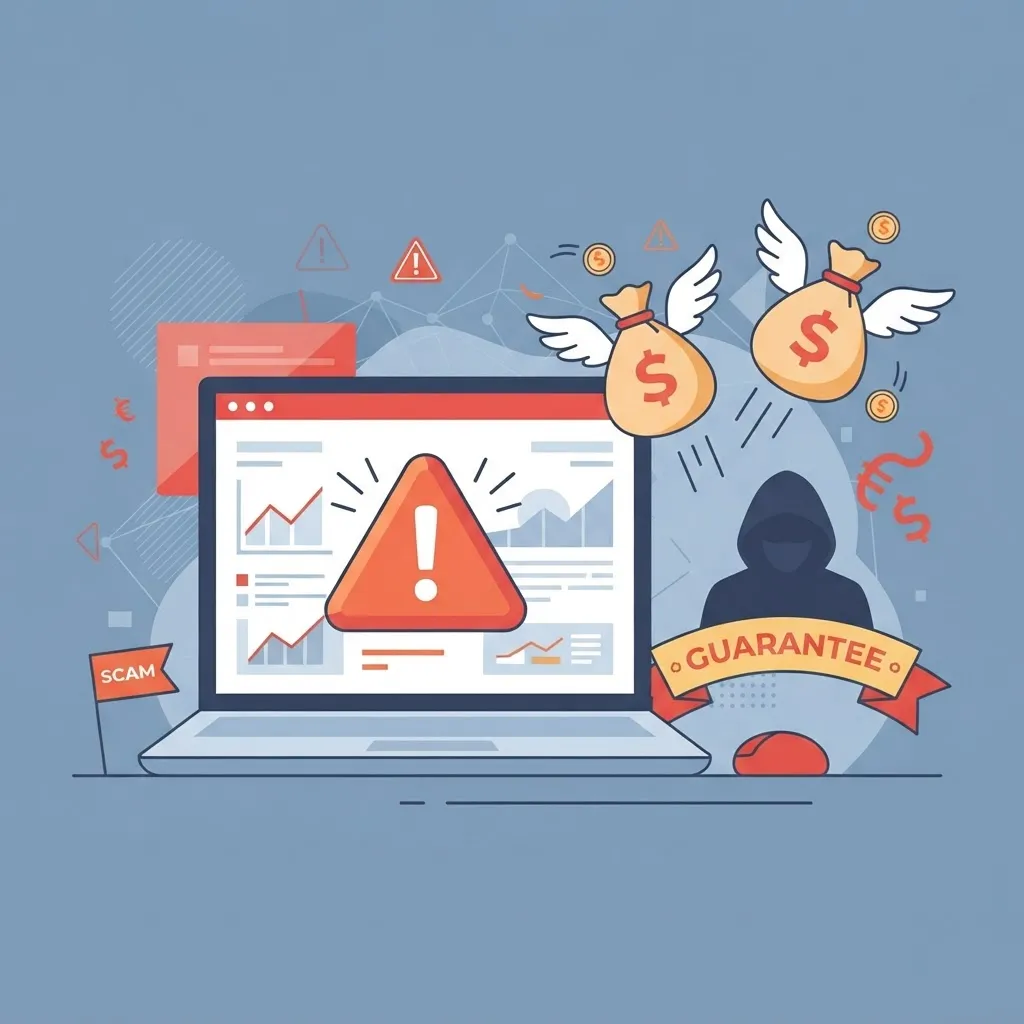 Warning illustration with alert symbols and money flying away from a laptop