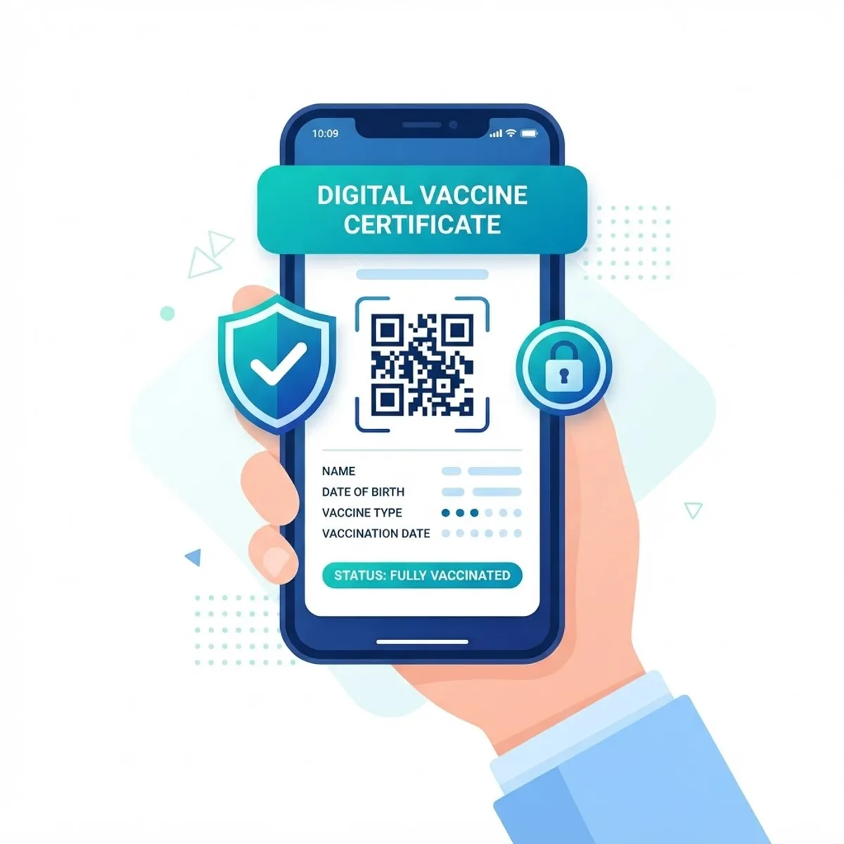 Illustration of a digital vaccine certificate on a smartphone with a QR code and a verified shield badge