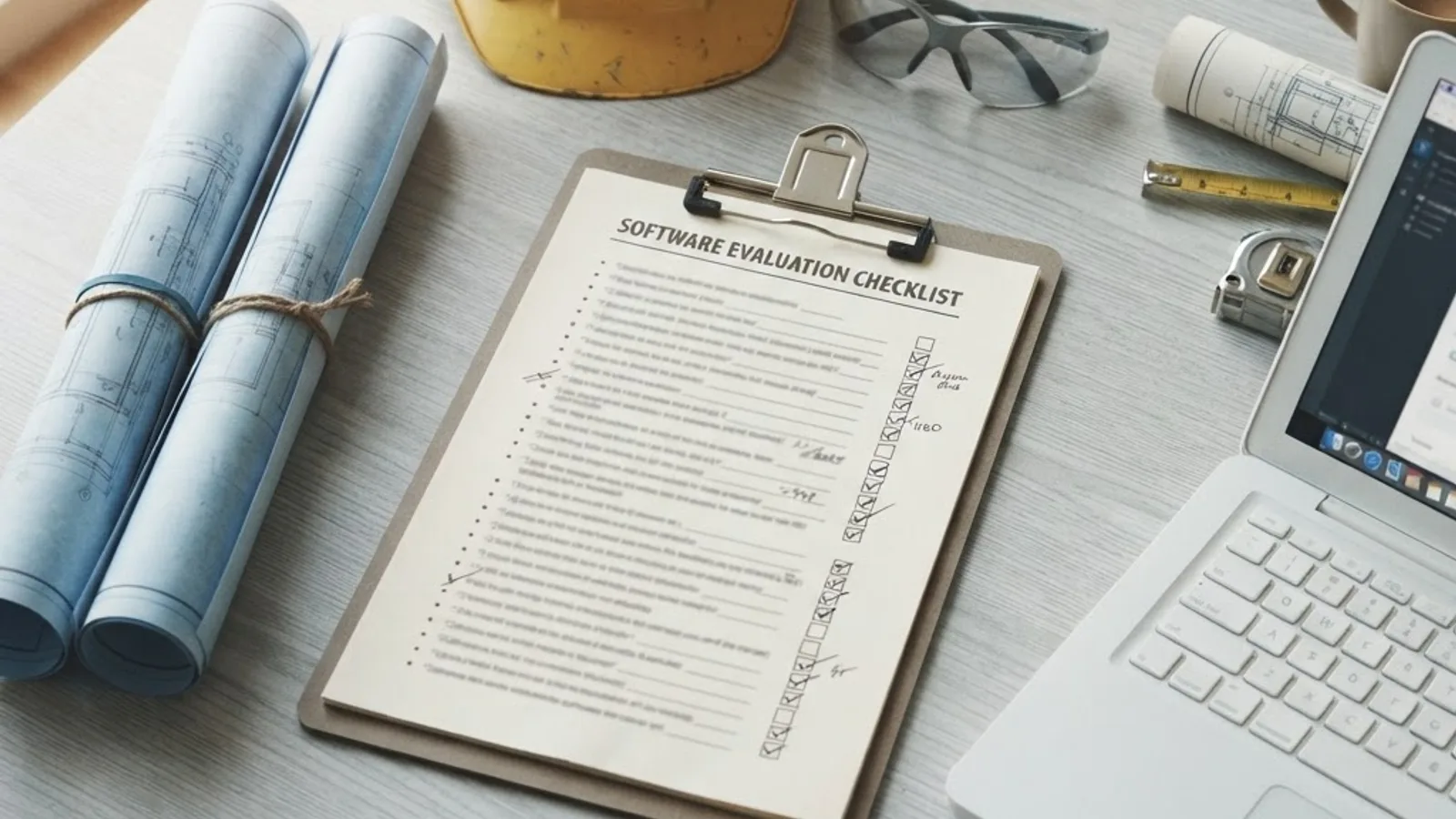 Construction software evaluation checklist on a clipboard with hard hat and blueprints