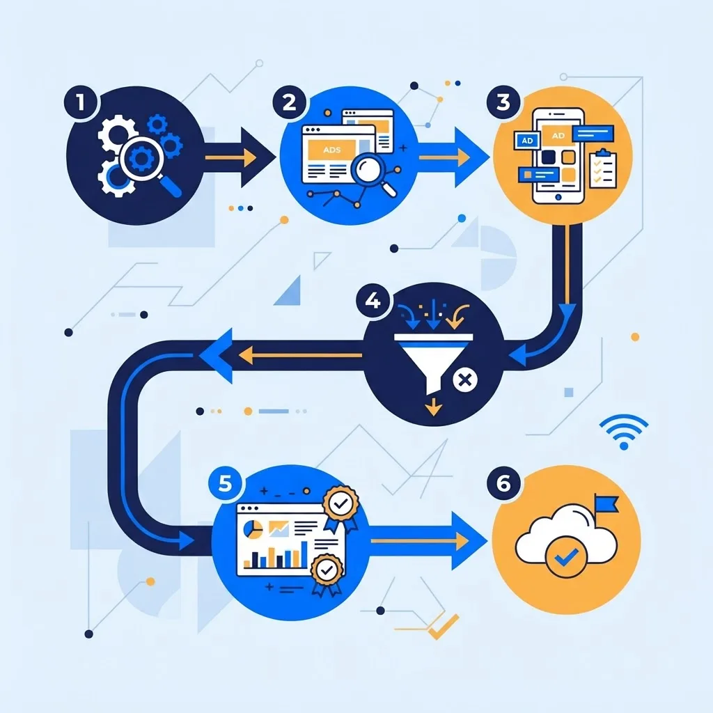 Display ad placement audit workflow diagram with numbered steps