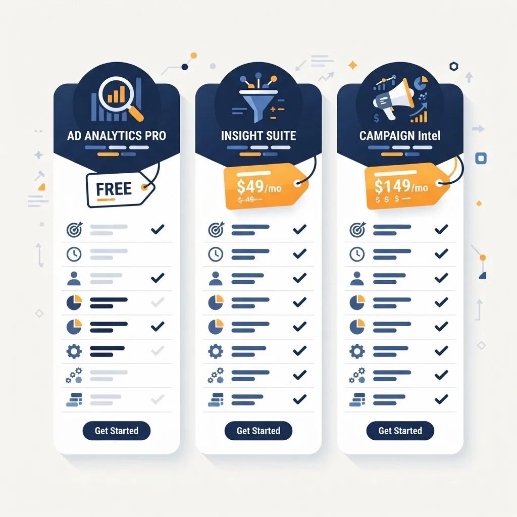 Comparison of display ad spy tools shown as three feature cards