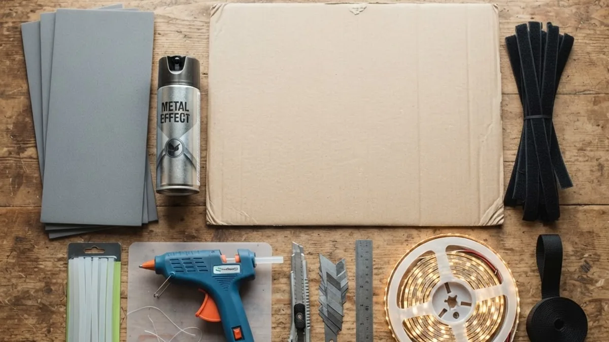 DIY AI robot costume materials laid out on a workbench