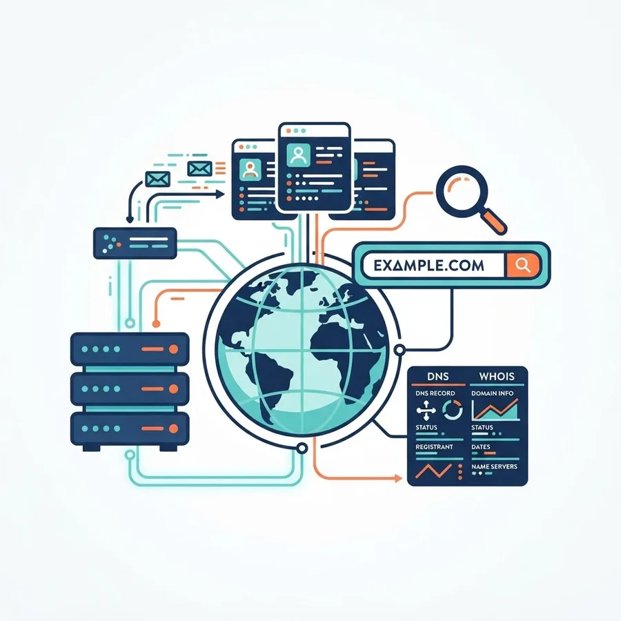 DNS and WHOIS lookup concept with globe and servers