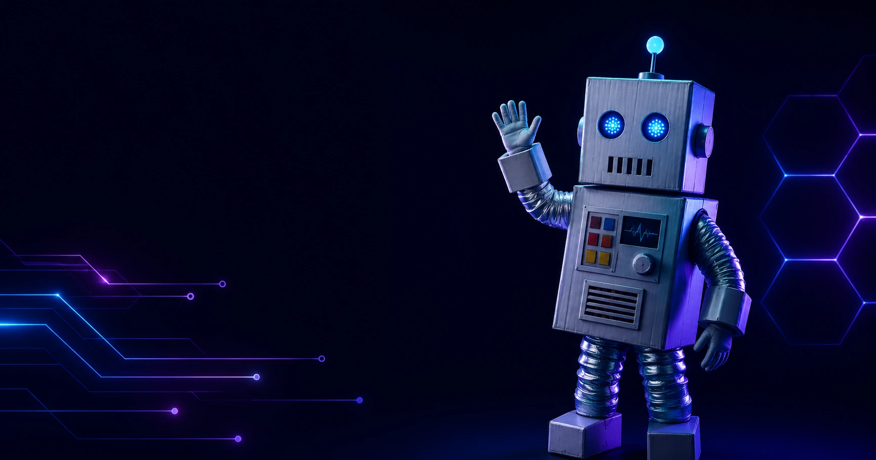 Finished DIY cardboard robot costume in a craft room