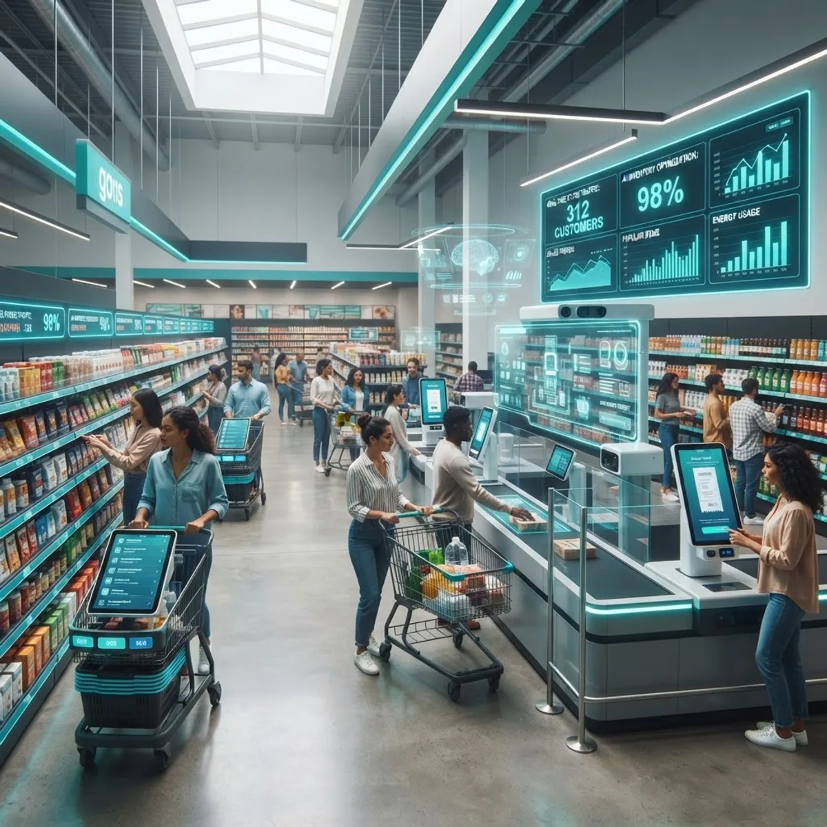 Futuristic smart discount store with AI interfaces