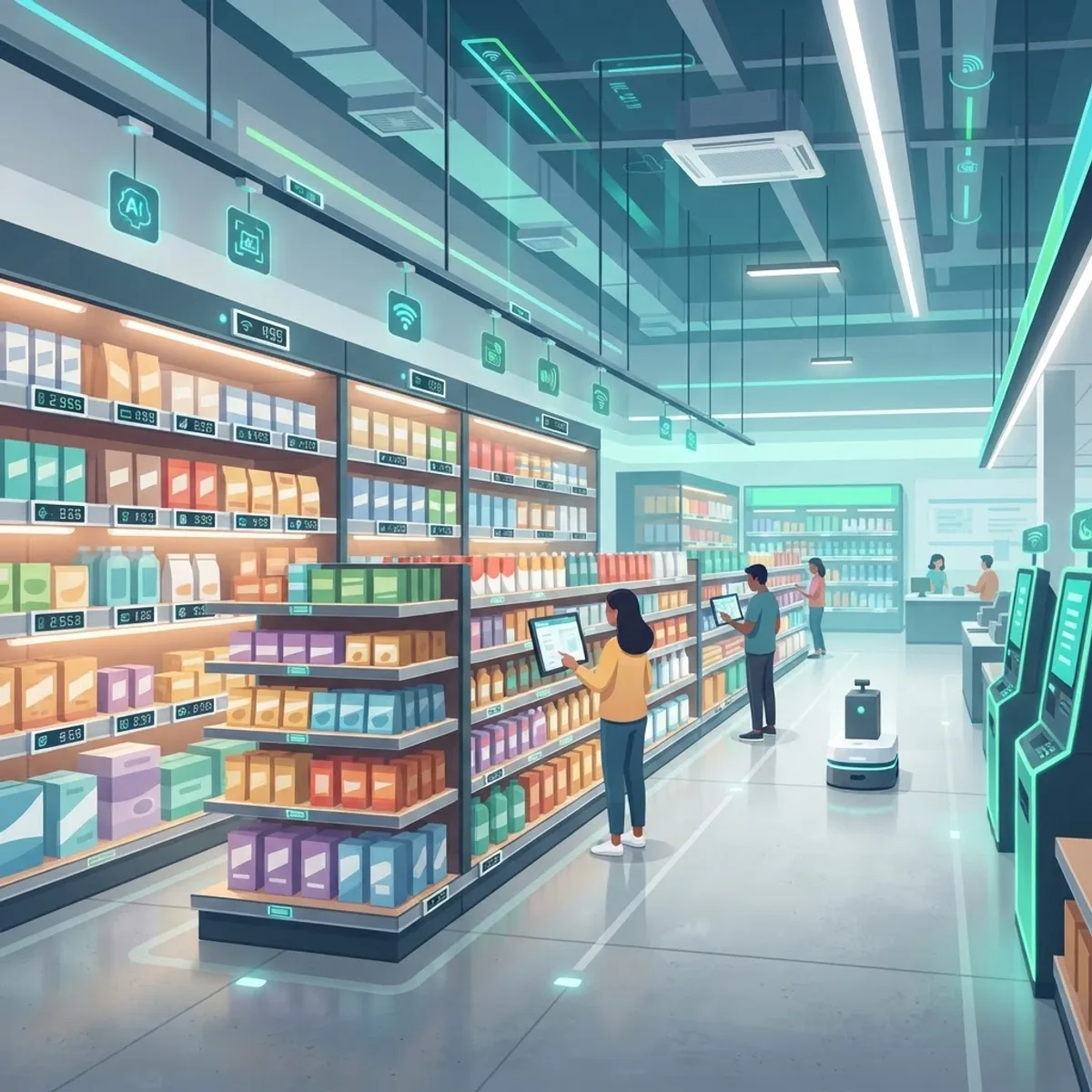 Automated discount store interior with smart shelves and sensors