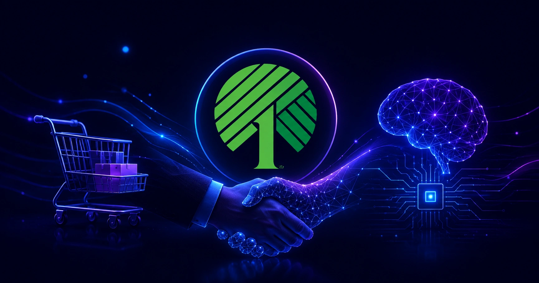 Dollar Tree storefront blended with AI neural network patterns