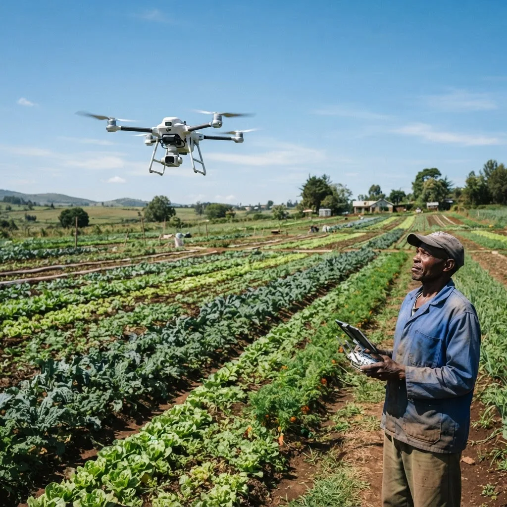 Small agricultural drone flying low over neat rows of a smallholder vegetable field