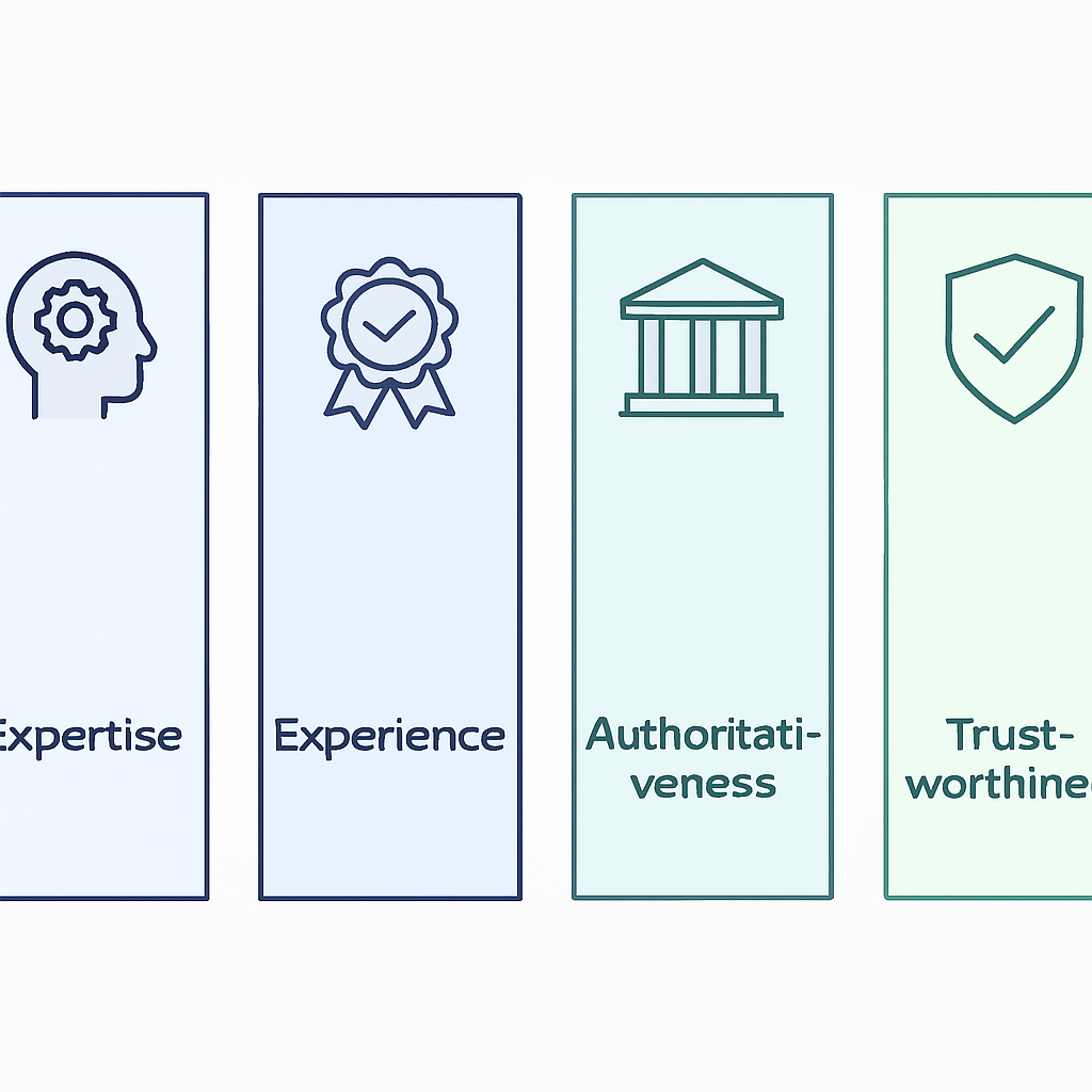 E-E-A-T pillars representing expertise, experience, authoritativeness, and trustworthiness