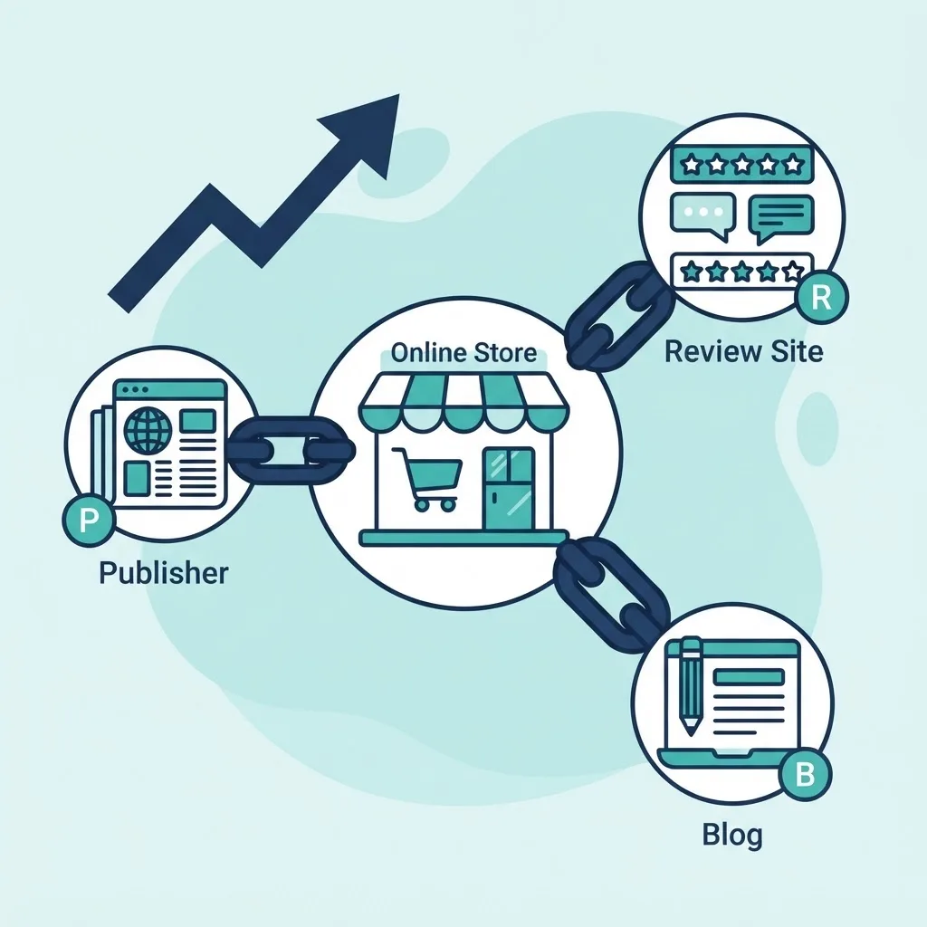 Backlink and authority building network for an online store