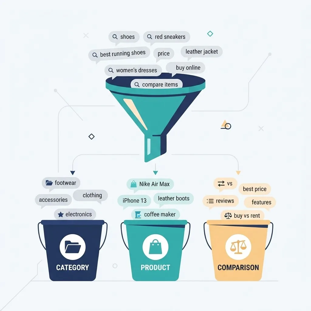 Keyword research funnel sorting shopper queries by intent